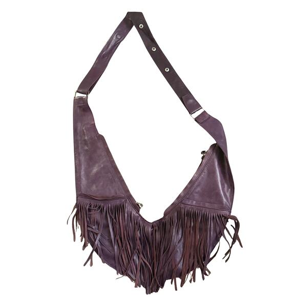 Sash Bag Power Berry Fringe | Genuine Leather Purple Crossbody Purse - Picture 6 of 8